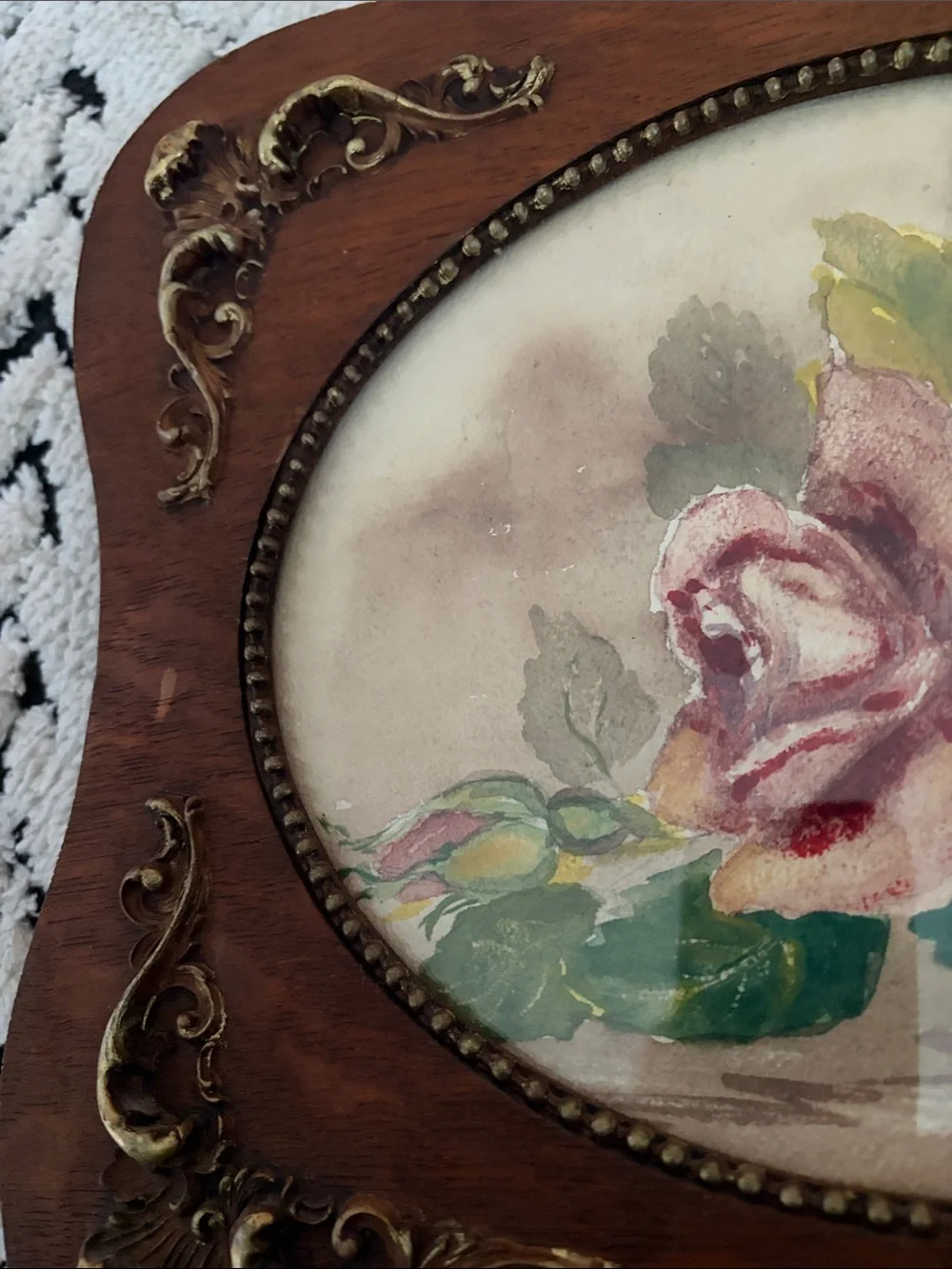 Vintage Floral Rose oil painting with ornate carved wood , signed
